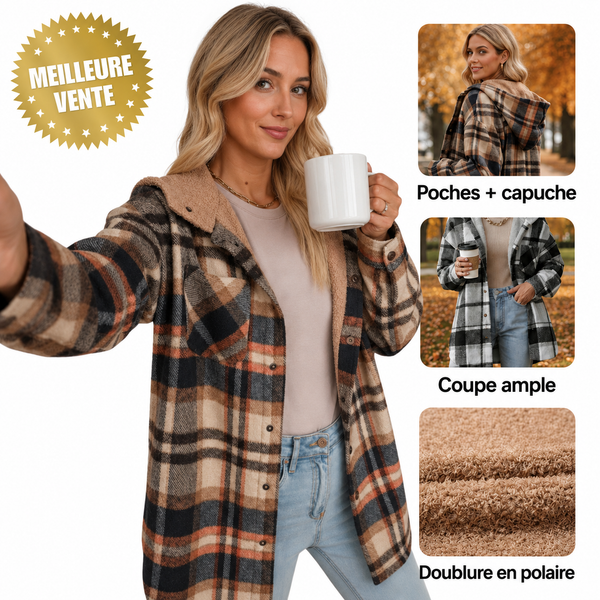 Veste à Carreaux Capuche Coupe Ample – Élégance Décontractée