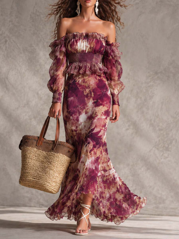 Robe Longue Romantique Rose Poudré à Imprimé Floral et Encolure Dégagée