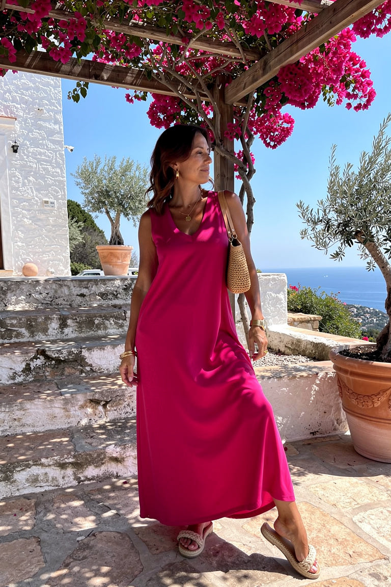 Robe Midi Décontractée Motif Tropical — Rose — Estée Paris