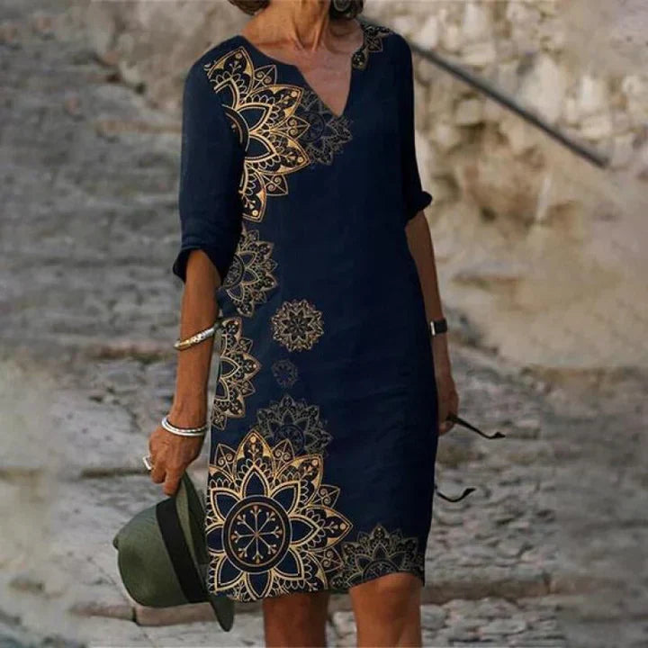 Lysanne – Robe Midi Imprimée à Col en V