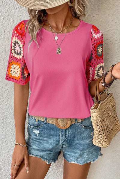 Hanna - Top en crochet à manches courtes avec impression de fleurs