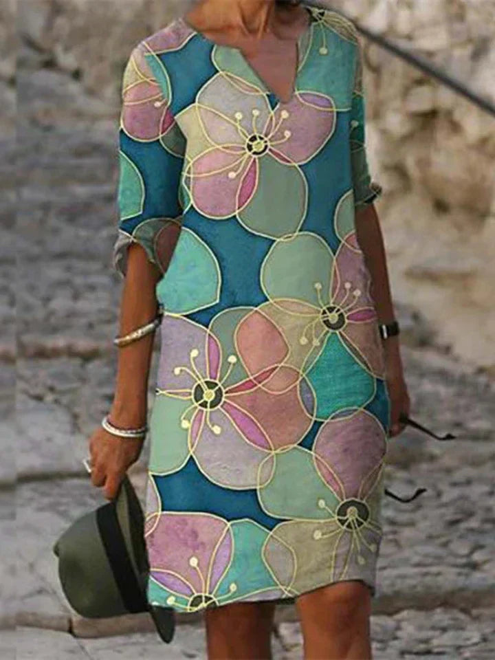 Lysanne – Robe Midi Imprimée à Col en V