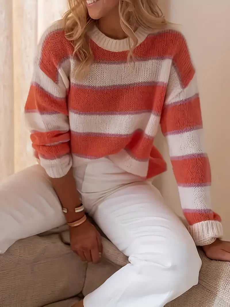 Pull Rayé Rose et Crème Col Rond