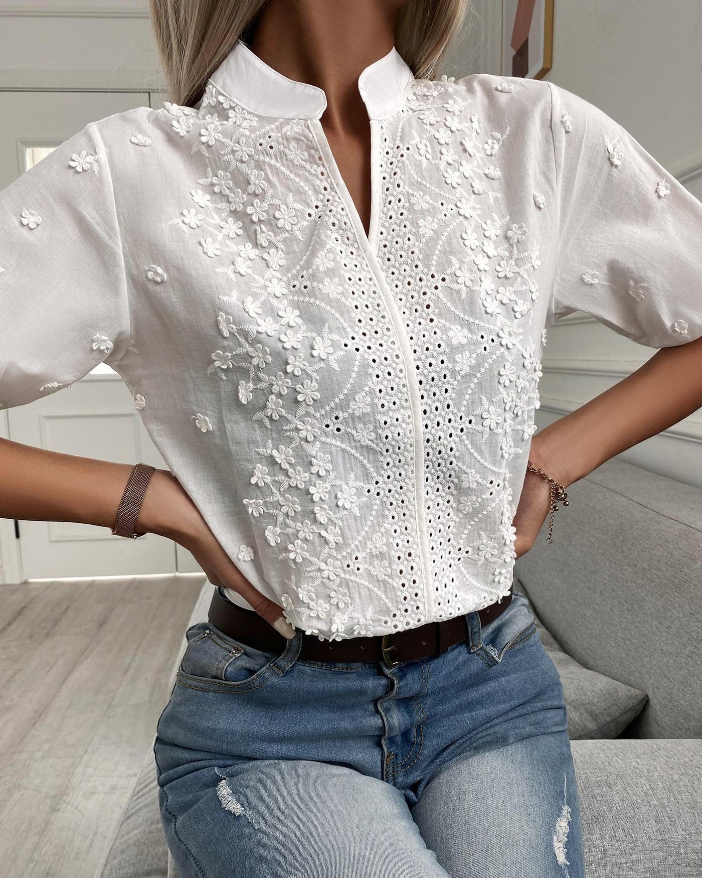 Diana - Chemisier en dentelle pour femme, haut décolleté, col en V