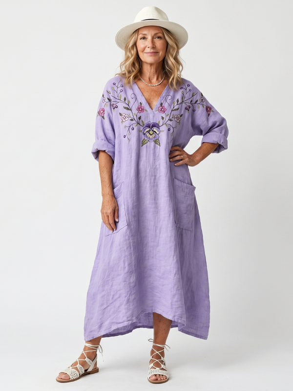 Robe Midi Fluide à Motif Floral et Poches