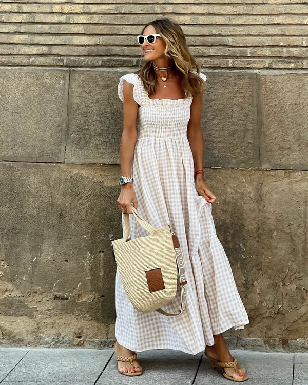 Vestido Midi de Cuadros con Frunces - Elegancia Atemporal