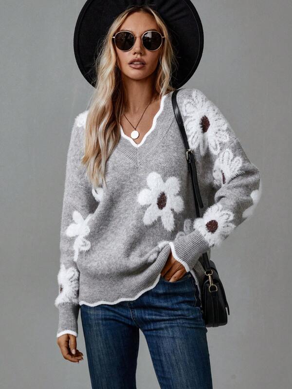 Pull Col V Motif Floral Élégant