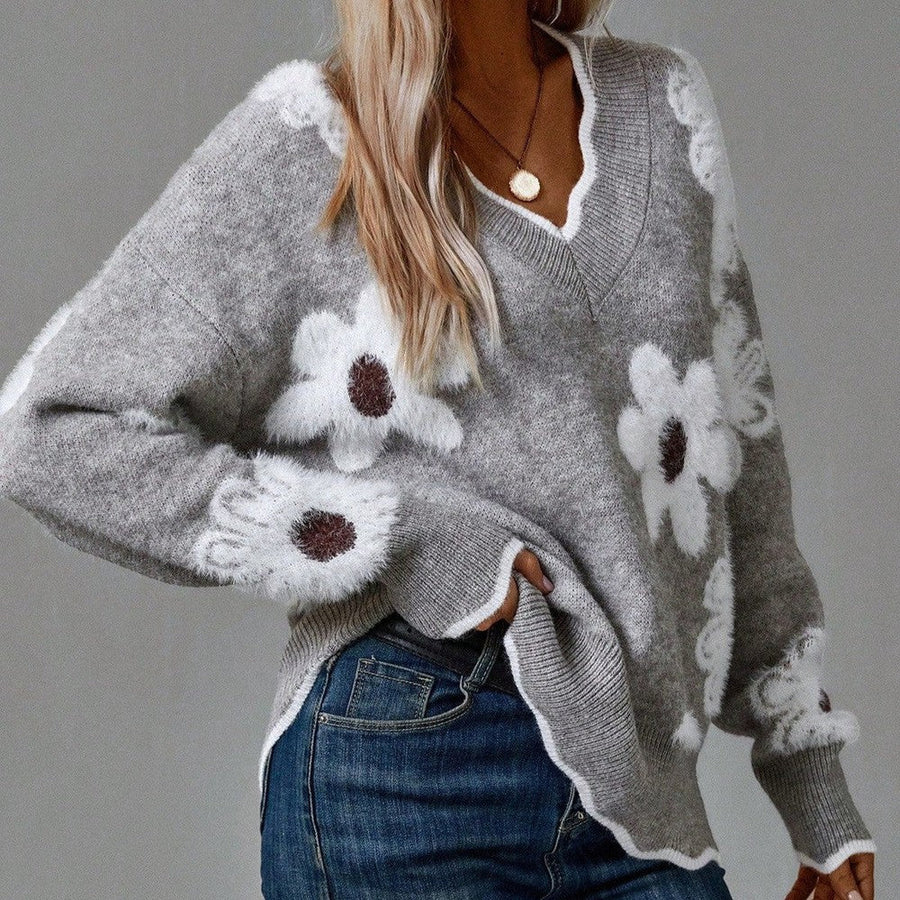 Pull Col V Motif Floral Élégant