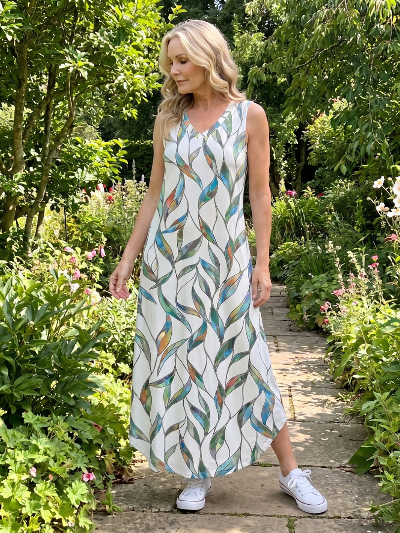 Robe Midi Tropical — détail de la coupe ample aux hanches