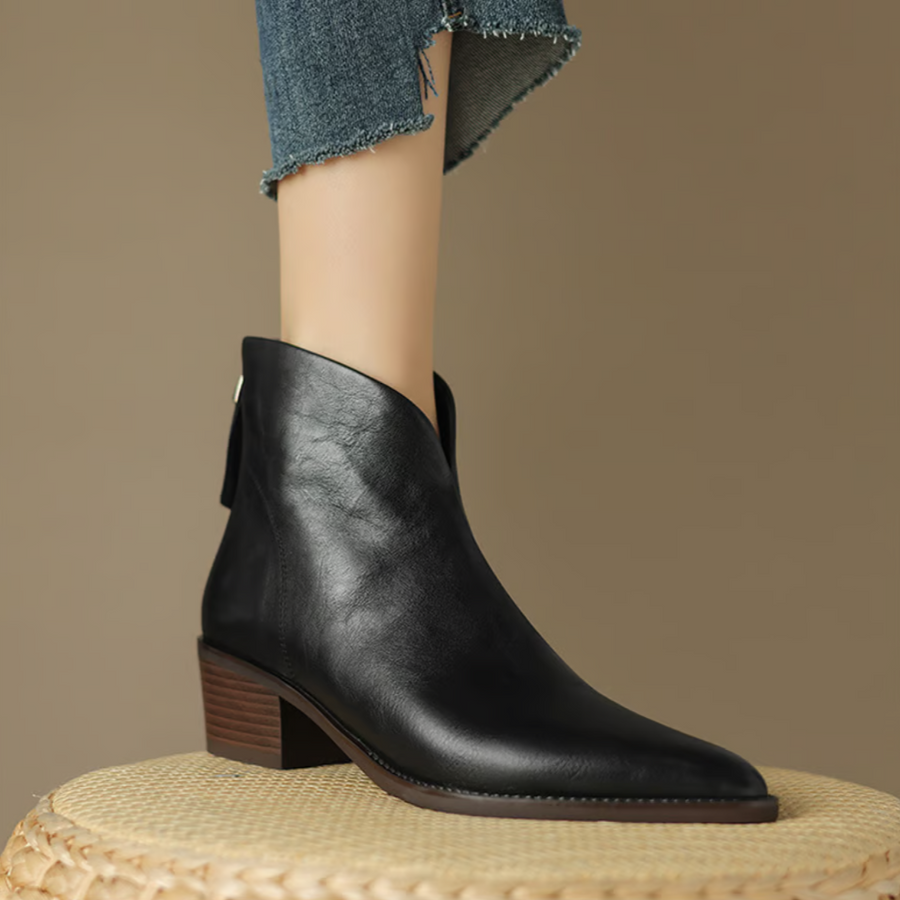 Botins de salto baixo e estilo minimalista