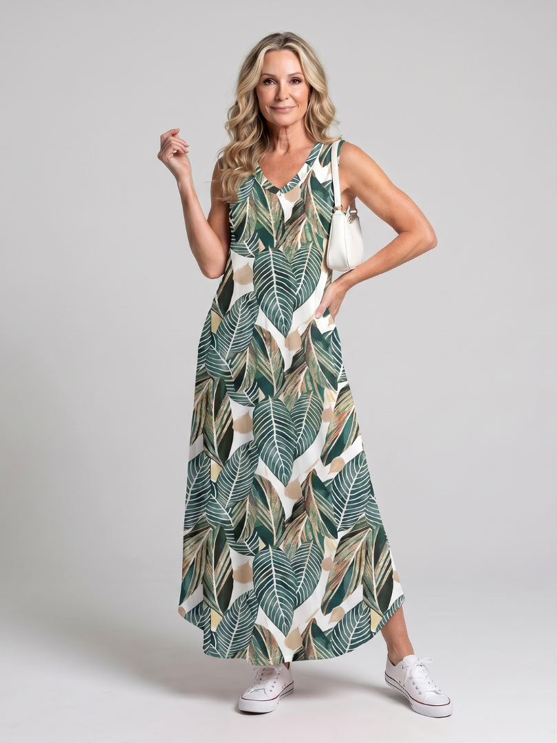 Robe Midi Tropical — détail de l'encolure en V élégante