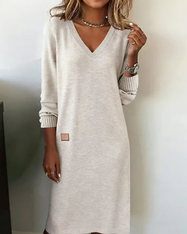 Robe Longue Femme Décontractée - Encolure V et Manches Longues