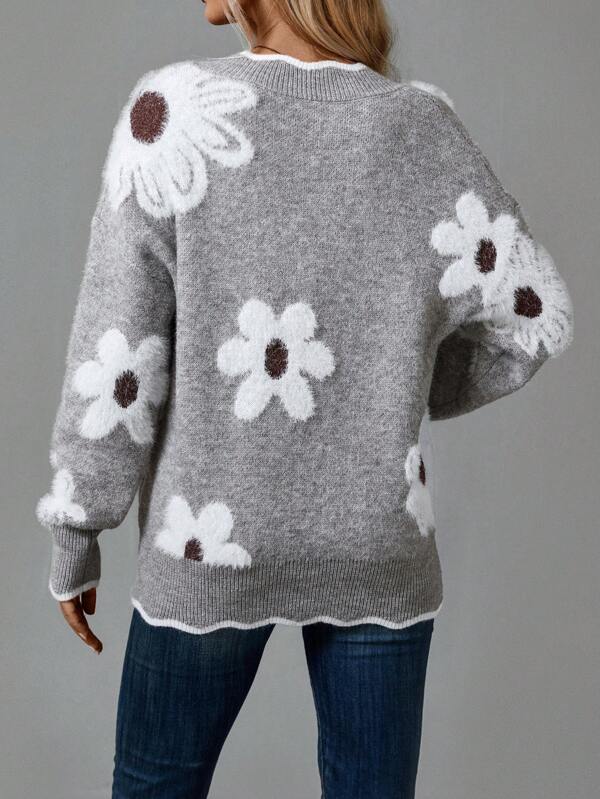 Pull Col V Motif Floral Élégant