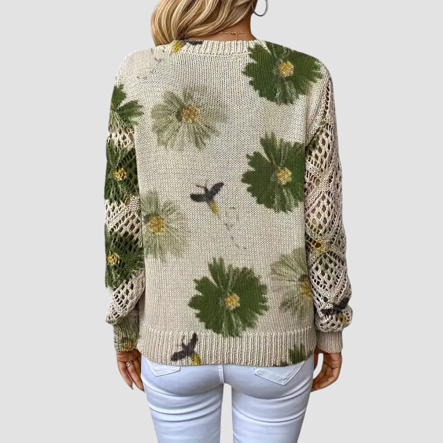 Pull fleuri col V — détail des manches aérées