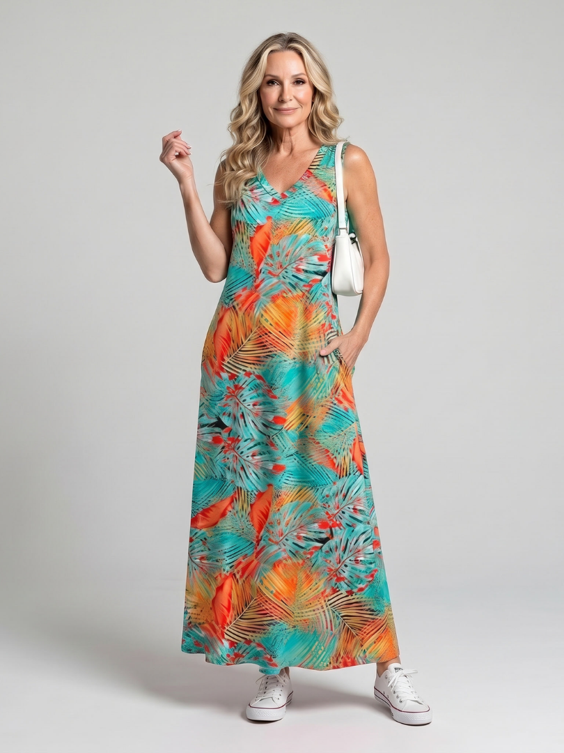 Robe Midi Tropical — vue de profil arrière, silhouette gracieuse
