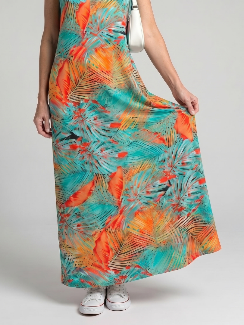 Robe Midi Tropical — détail des épaules sans manches
