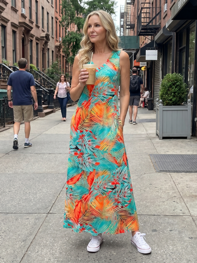 Robe Midi Tropical — détail de l'imprimé raffiné