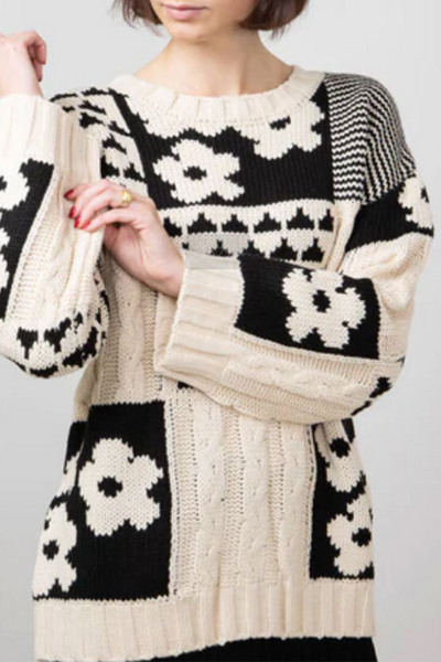 Heike® – Pull Décontracté à Col Rond avec Motif Floral Color Block