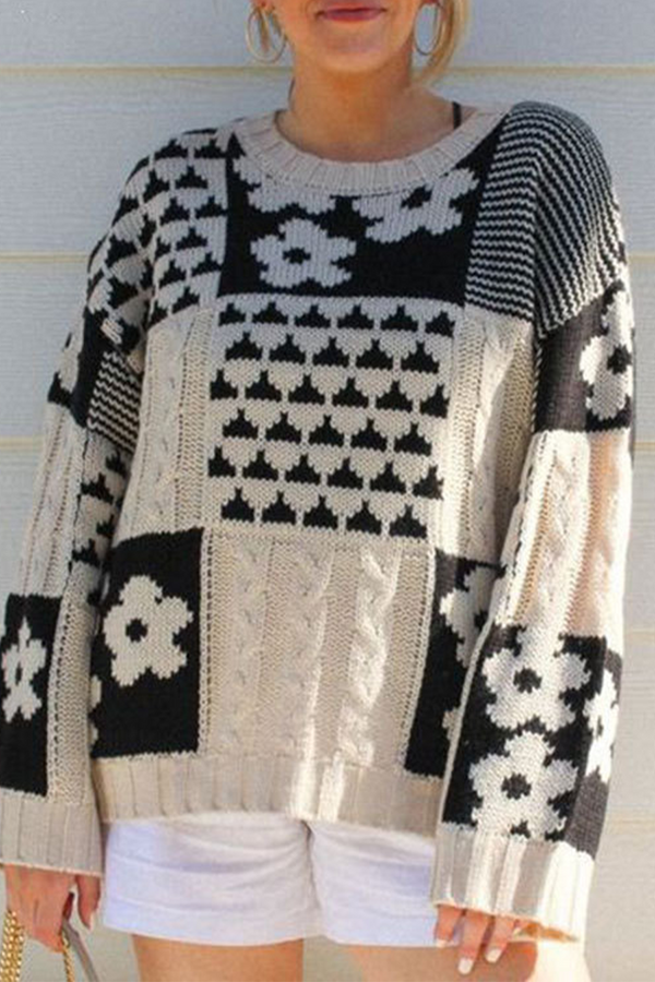 Heike® – Pull Décontracté à Col Rond avec Motif Floral Color Block