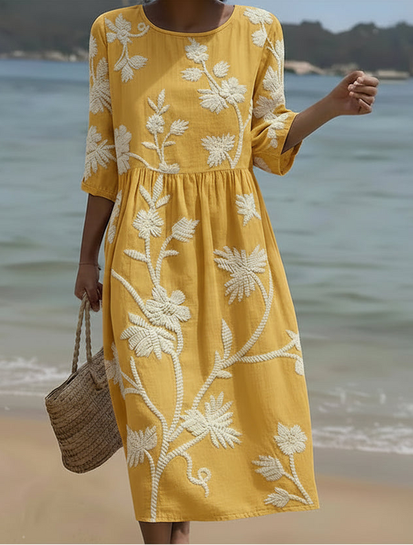 Robe Midi Élégante à Broderie Florale
