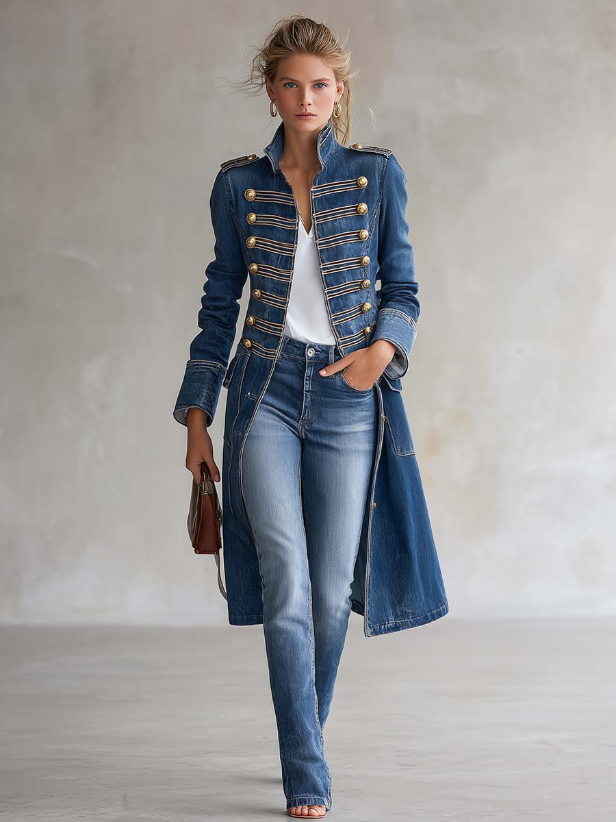 Manteau Long Ajusté Militaire Boutonnage Doré pour Femme