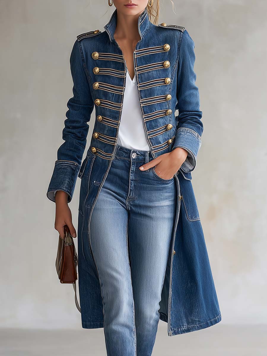 Manteau Long Ajusté Militaire Boutonnage Doré pour Femme