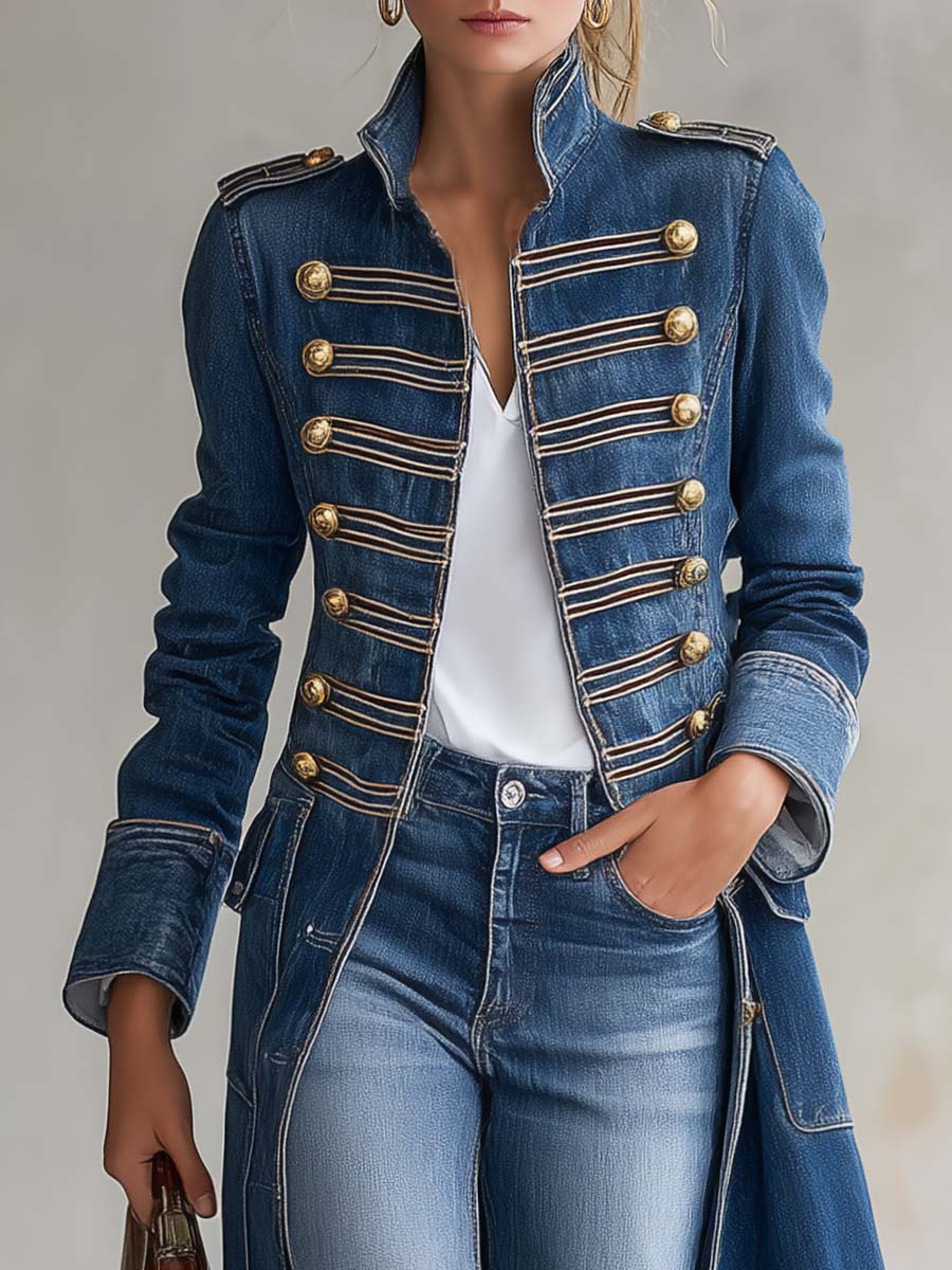 Manteau Long Ajusté Militaire Boutonnage Doré pour Femme