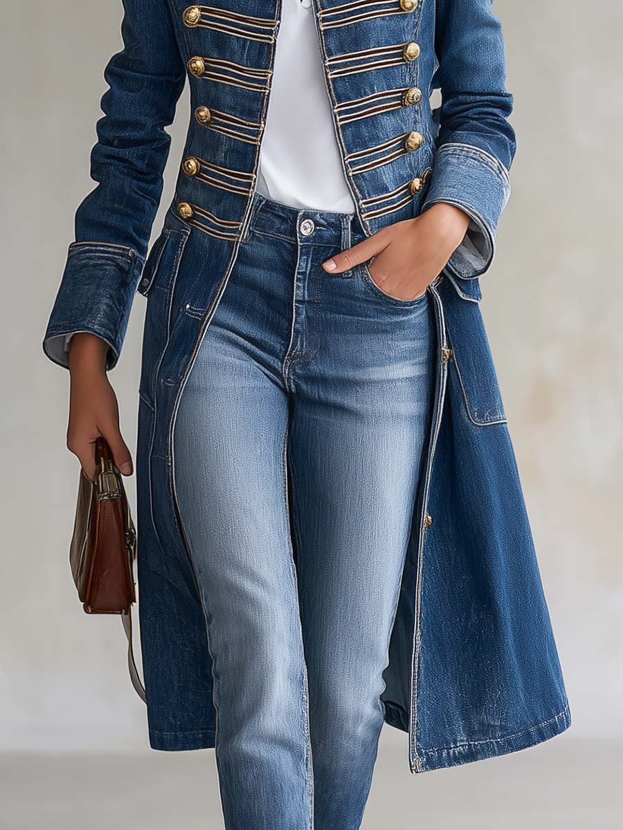 Manteau Long Ajusté Militaire Boutonnage Doré pour Femme