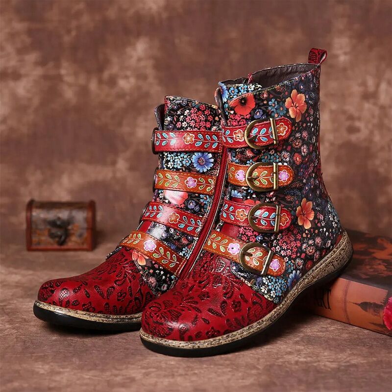 Bottines à Boucles et Motifs Fleuris