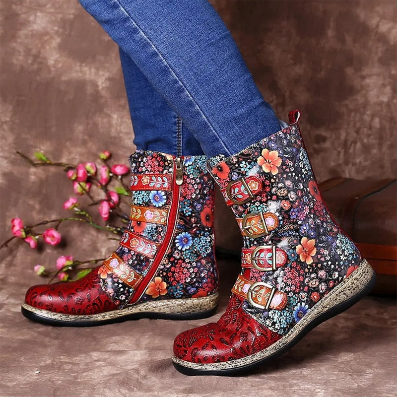 Bottines à Boucles et Motifs Fleuris