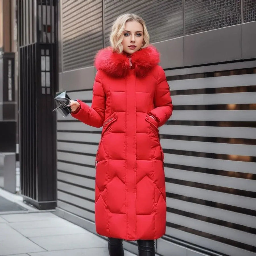 Manteau Long à Capuche Bordée de Fourrure