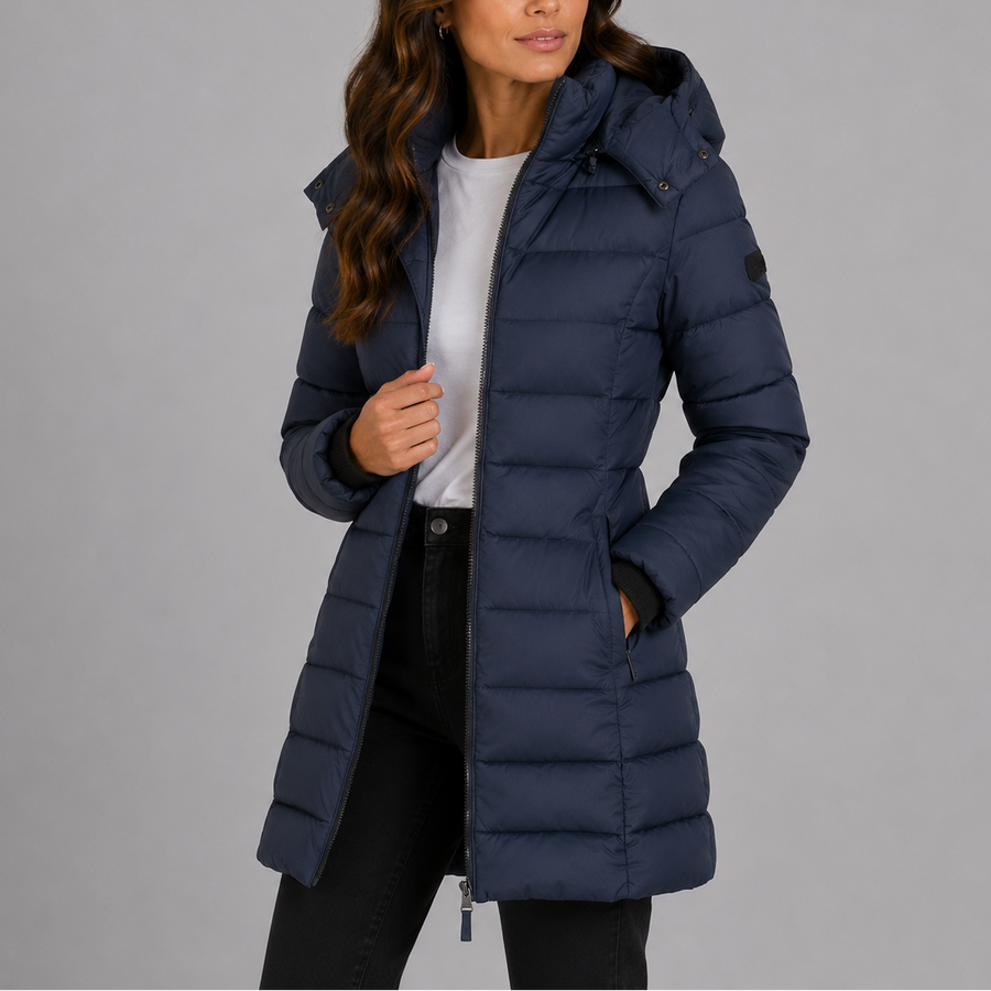 Manteau Matelassé Longueur Mi-Mollet à Capuche