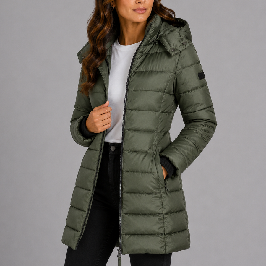 Manteau Matelassé Longueur Mi-Mollet à Capuche