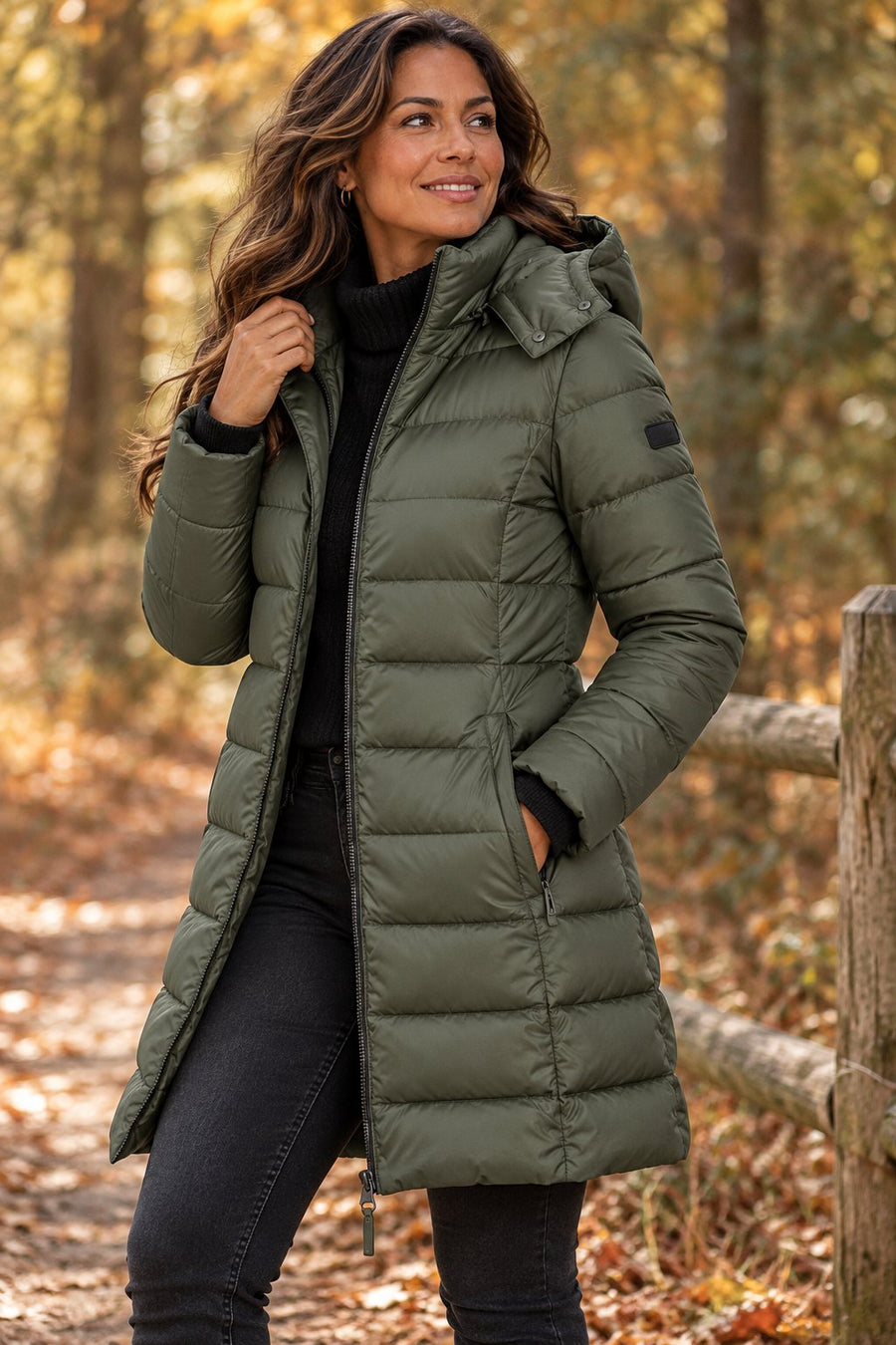 Manteau Matelassé Longueur Mi-Mollet à Capuche
