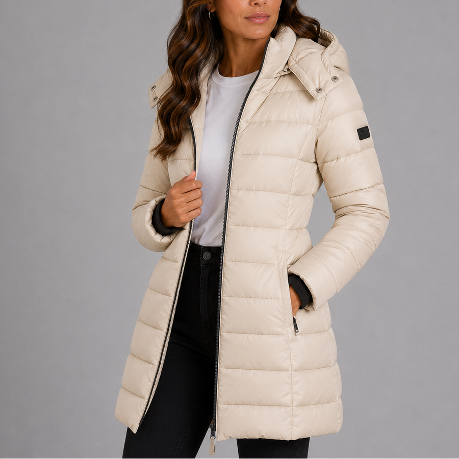 Manteau Matelassé Longueur Mi-Mollet à Capuche