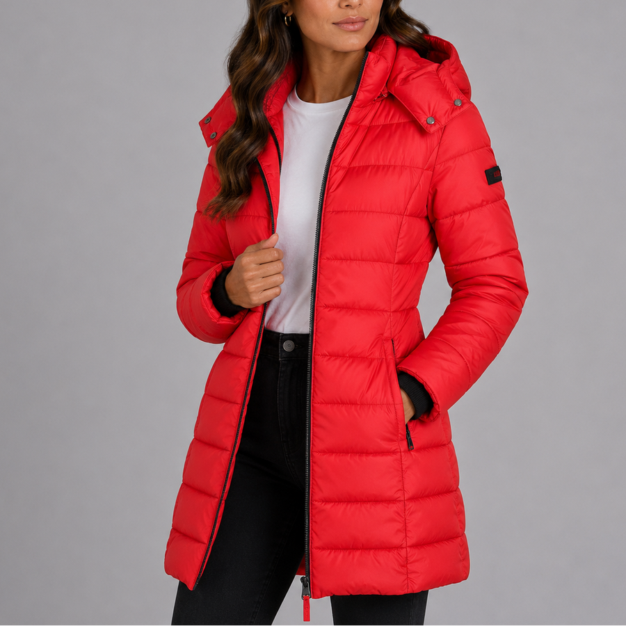 Manteau Matelassé Longueur Mi-Mollet à Capuche