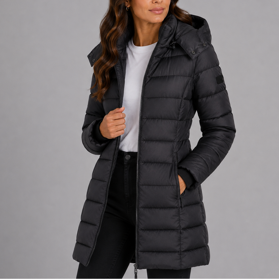 Manteau Matelassé Longueur Mi-Mollet à Capuche