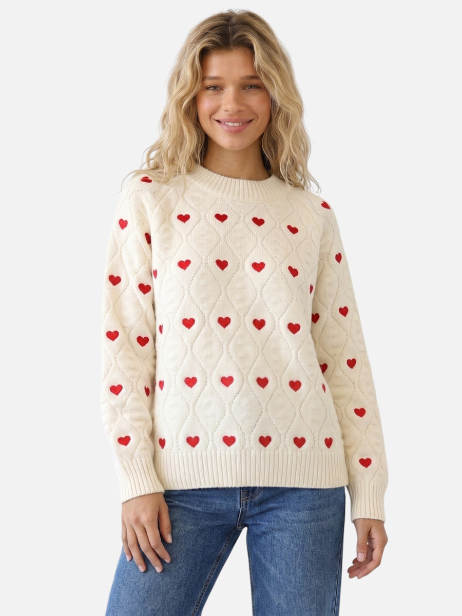 Pull Motif Cœur col rond — vue de face, coupe classique souple