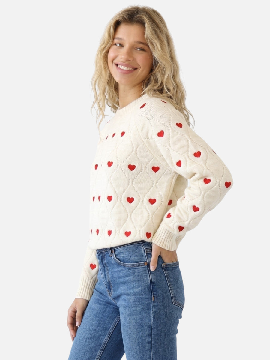 Pull Motif Cœur col rond — détail du motif cœur poétique
