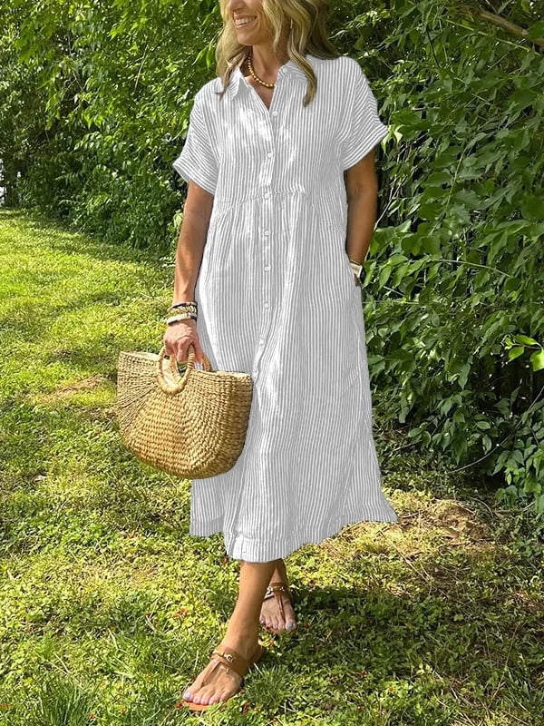 Robe maxi fluide — détail du col et de l'encolure chemise