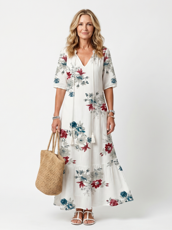 Robe Midi Fluide à Motif Fleuri et Noeuds Tressés