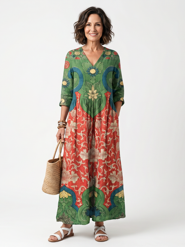 Robe Midi Imprimés Mélangés Décolleté V
