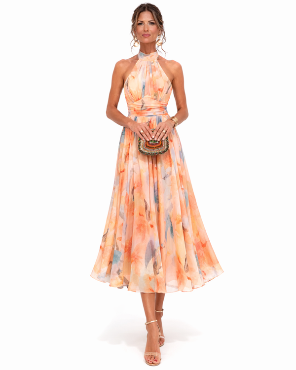 Vestido Fluido con Escote Drapeado y Estampado de Acuarela