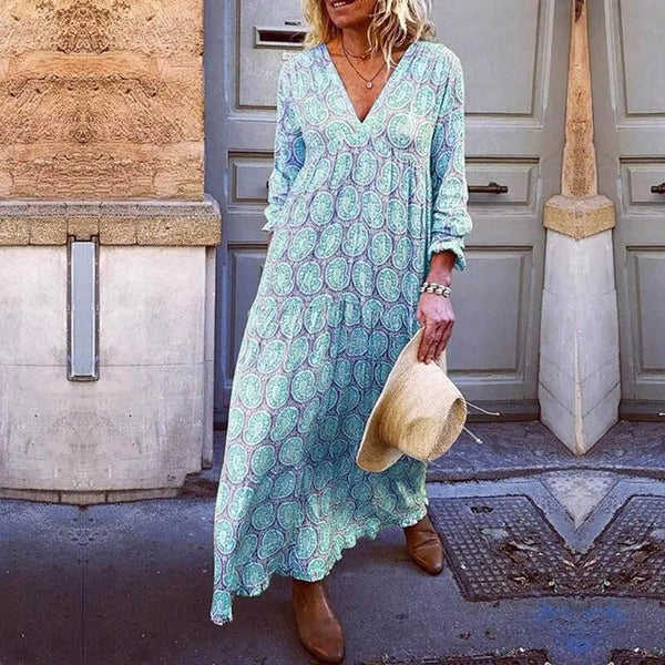 Vestido Estival con Cuello en V para Mujer - Estampado Gráfico Elegante