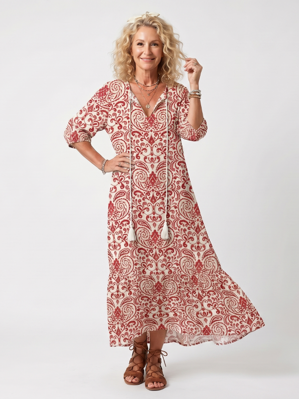 Robe Midi Imprimée à Nœuds Tassel - Coupe Fluide