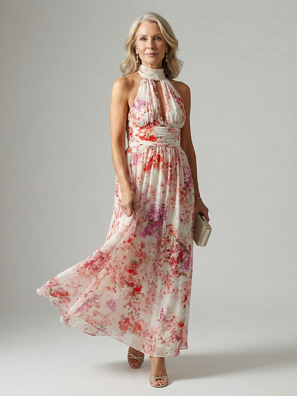 Robe Maxi Fluide Halter - Imprimé Floral Élégant