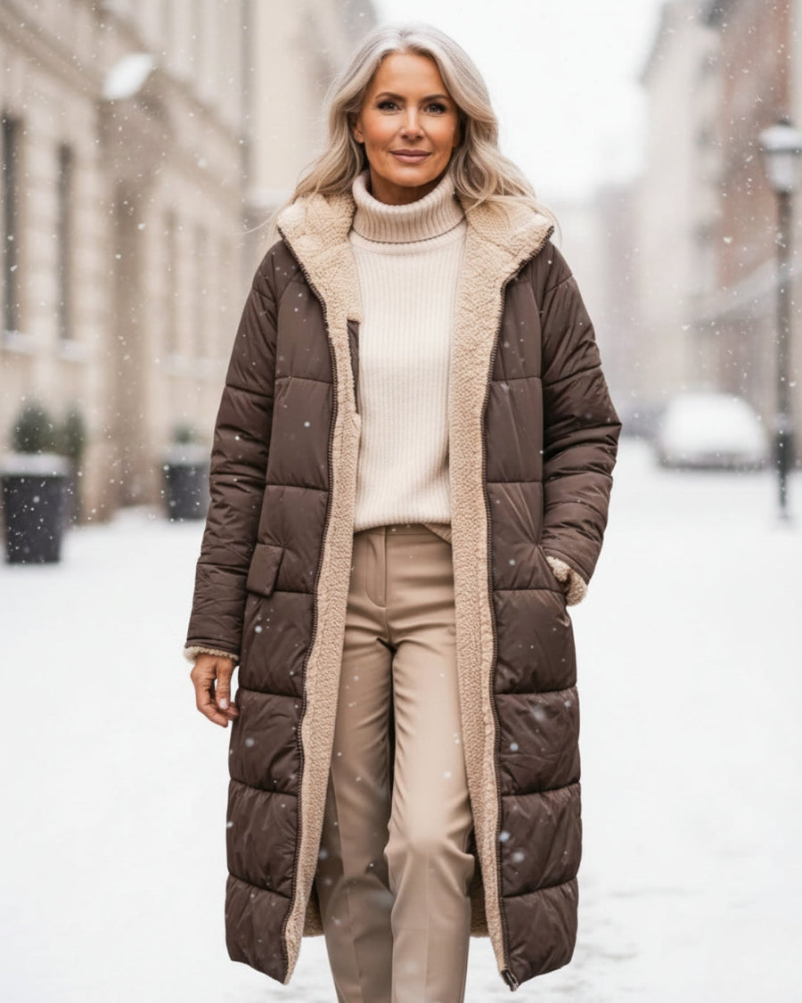 Manteau Long Matelassé à Capuche Bordée