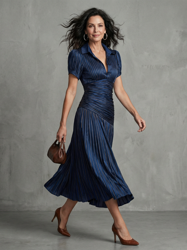 Robe Midi Rayée à Taille Plissée - Élégance Intemporelle