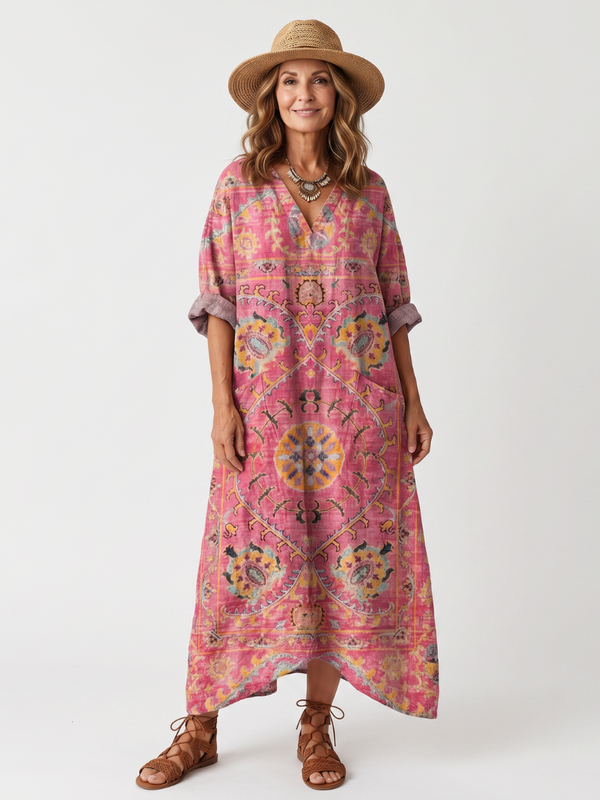 Robe Midi Fluide Imprimé Géométrique avec Poches