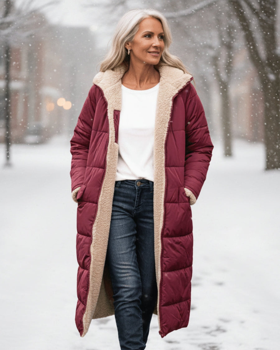 Manteau Long Matelassé à Capuche Bordée